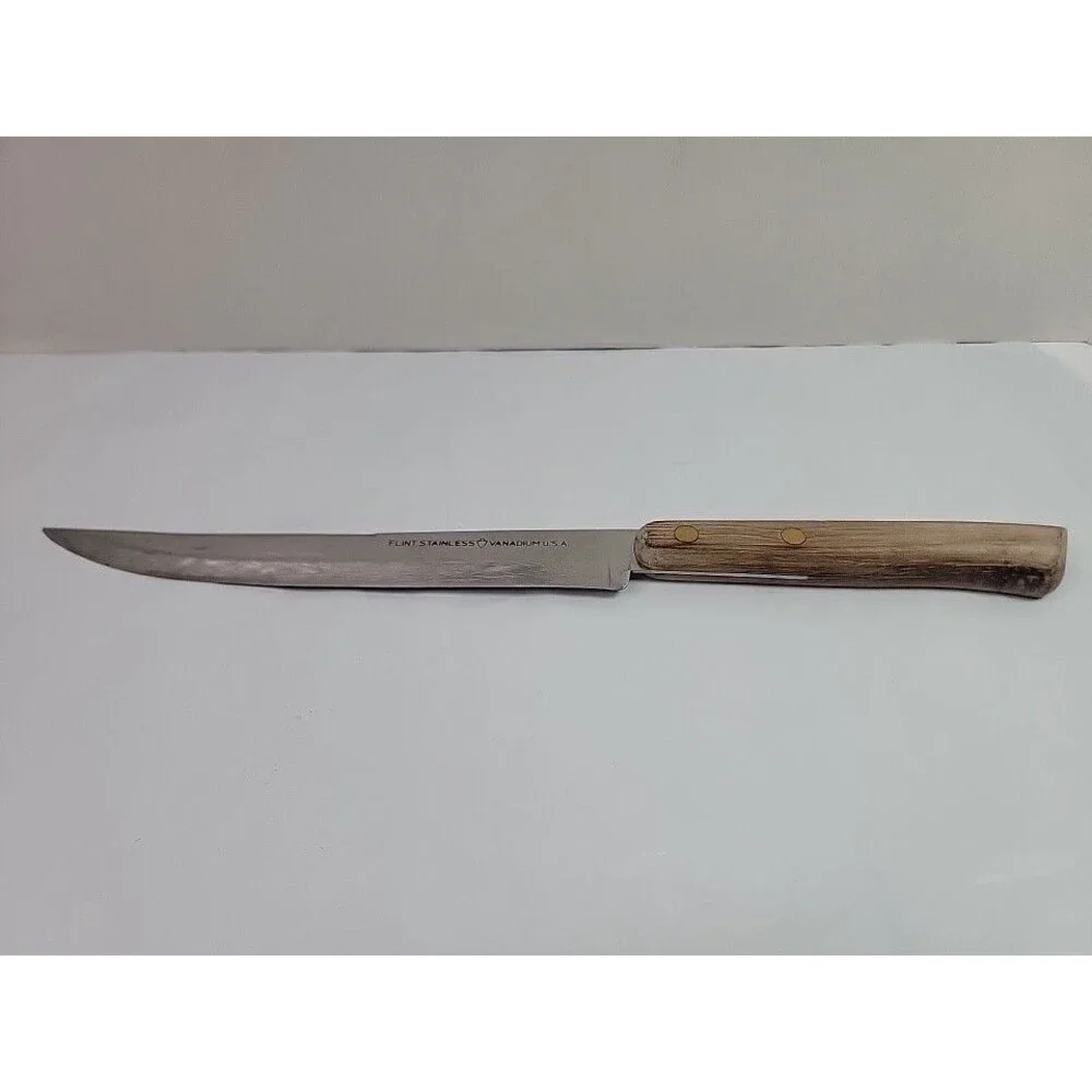 Vintage Flint Stainless Vanadium USA 7.25” Carving Slicing Knife Wood Handle